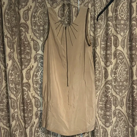 Kimchi Blue 100% Silk Tan Mini Dress with Brown Beaded Geometric Design - Picture 4 of 5
